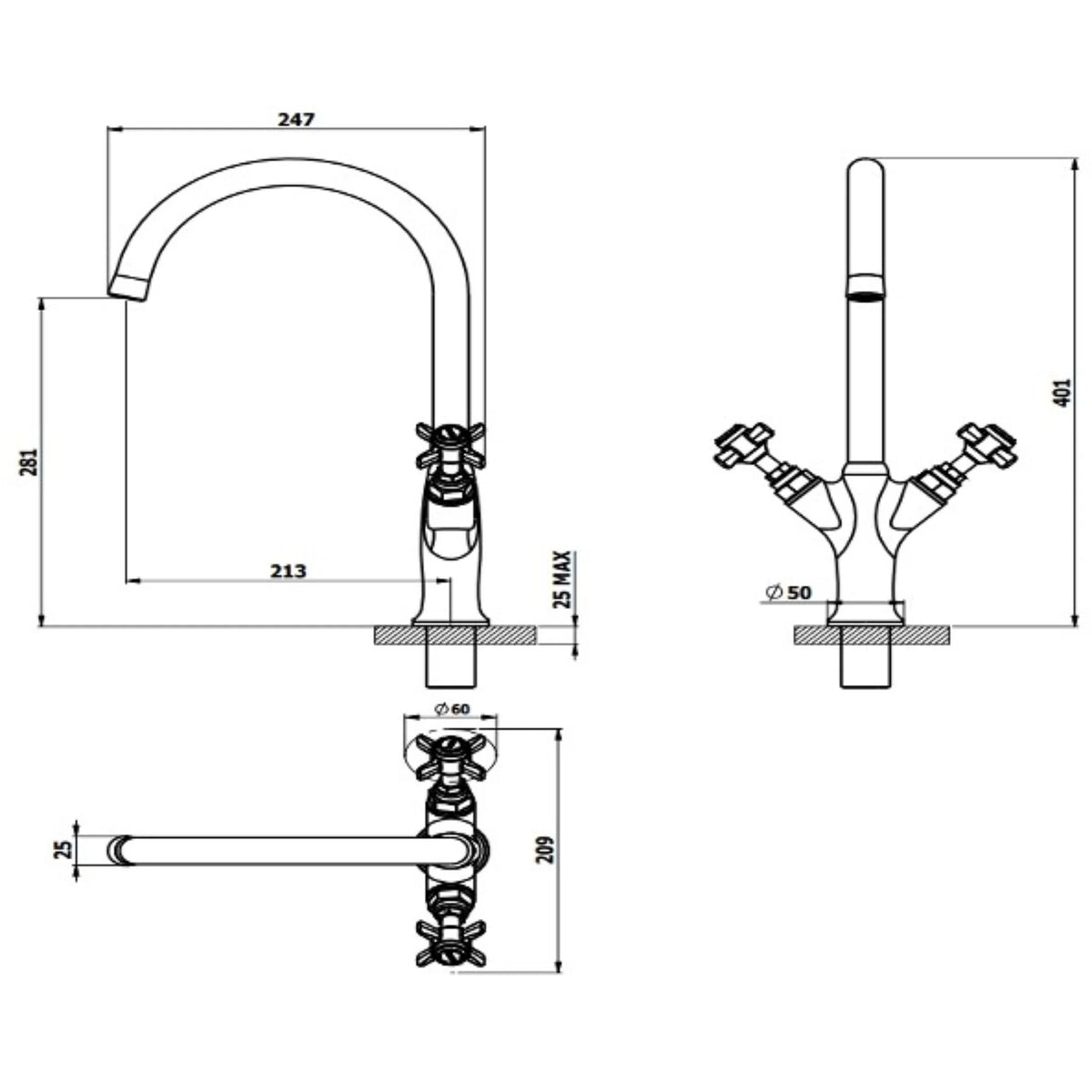 Sequel Kitchen Mixer Tap – Brushed Nickel, Cross Handles