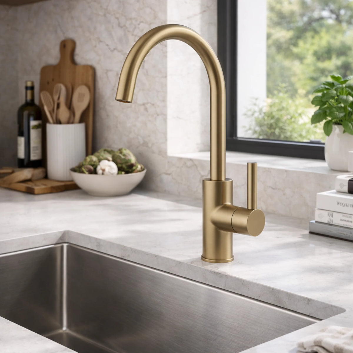 Jeroni Swan Spout Kitchen Mixer Tap – Antique Brass Finish