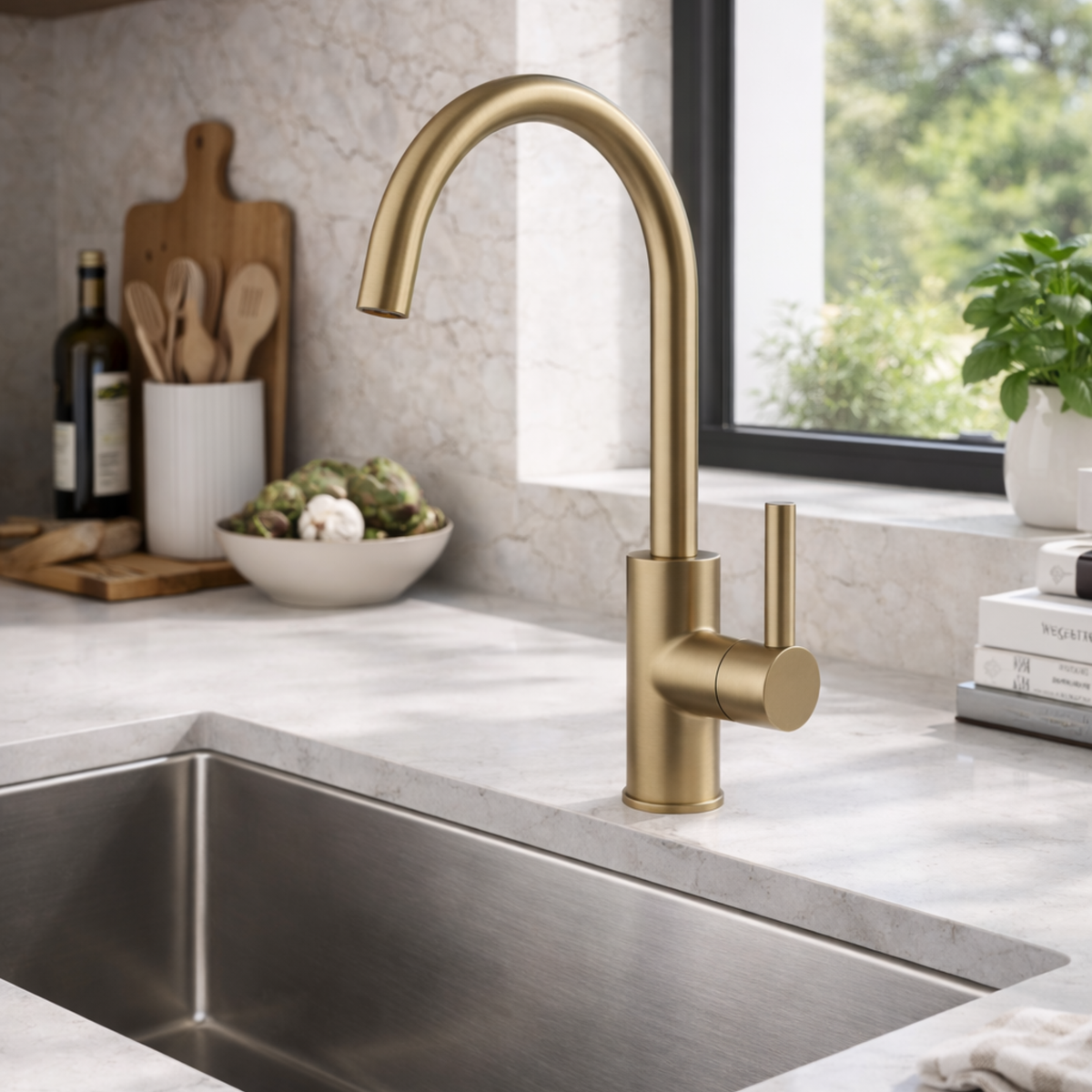 Jeroni Swan Spout Kitchen Mixer Tap – Antique Brass Finish