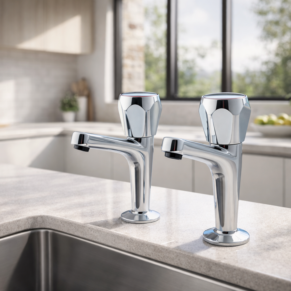 Araya High Neck Kitchen Pillar Taps – Chrome, Sold as a Pair