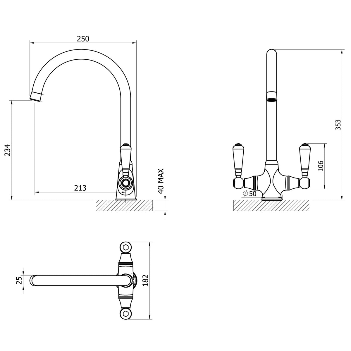 Inca Kitchen Mixer Tap – Brushed Nickel, Ceramic Lever Handles
