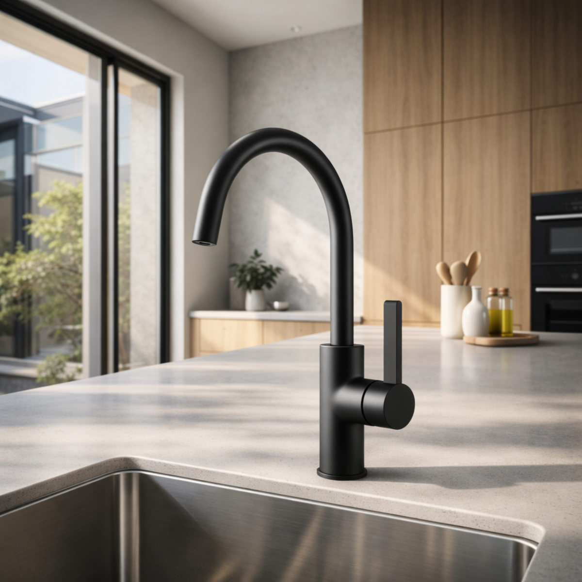 Jeroni Swan Spout Kitchen Mixer Tap – Single Lever, 360° Swivel