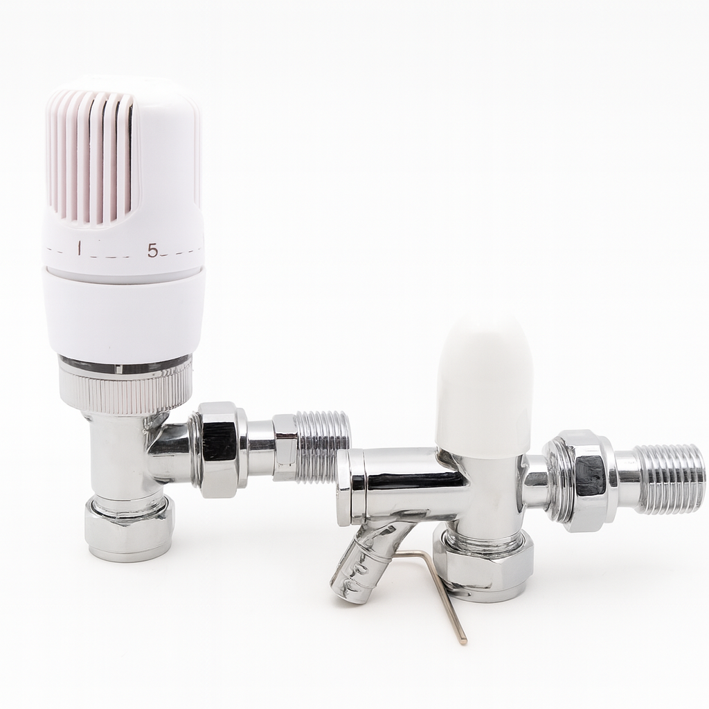 15/10mm Angle Westherm Classic TRV Twin Pack with Drain Off – White