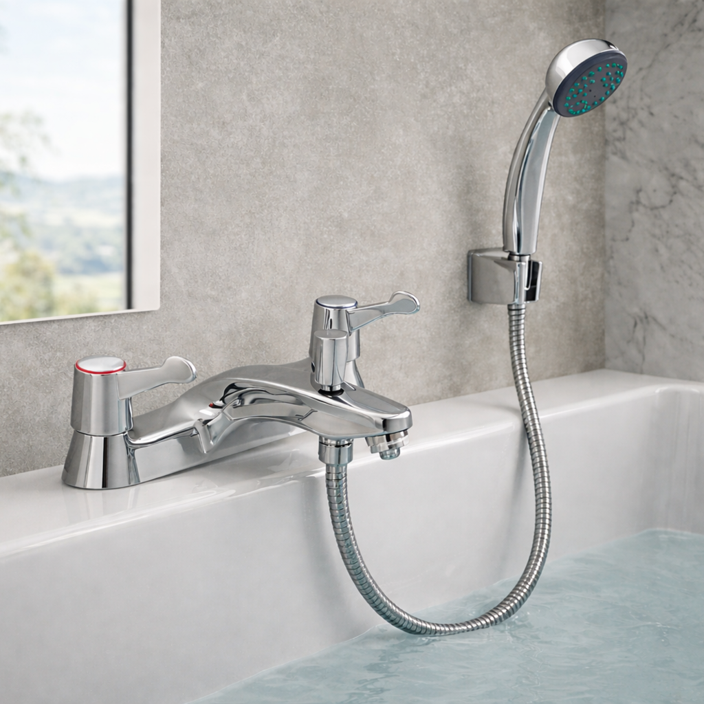 Araya QT Chrome Bath & Shower Mixer – Twin Lever, 180mm Centres