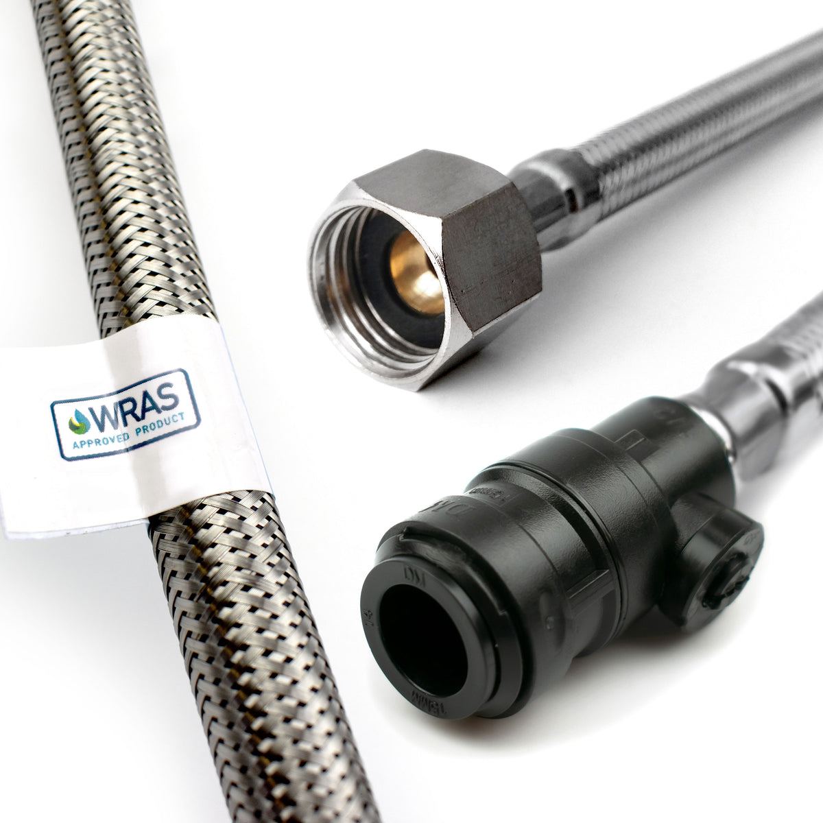WRAS Push-Fit Flexi Connector with Isolation Valve – 15mm x 1/2" BSP, 500mm