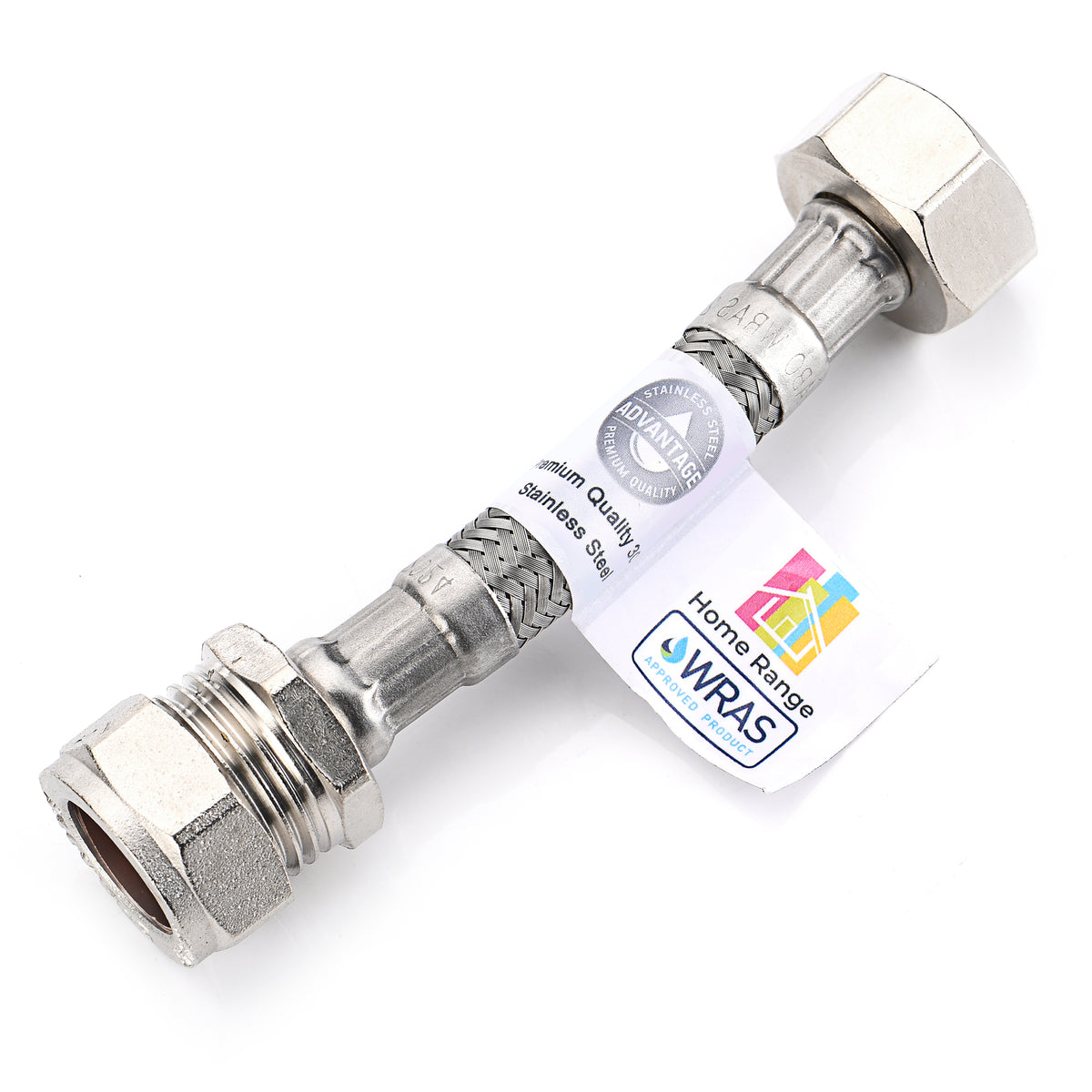 WRAS Flexi Tap Connector – 15mm Comp x 1/2" BSP, 100mm, 8.5mm Bore