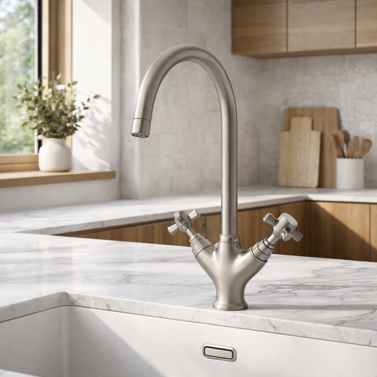 Sequel Kitchen Mixer Tap – Brushed Nickel, Cross Handles