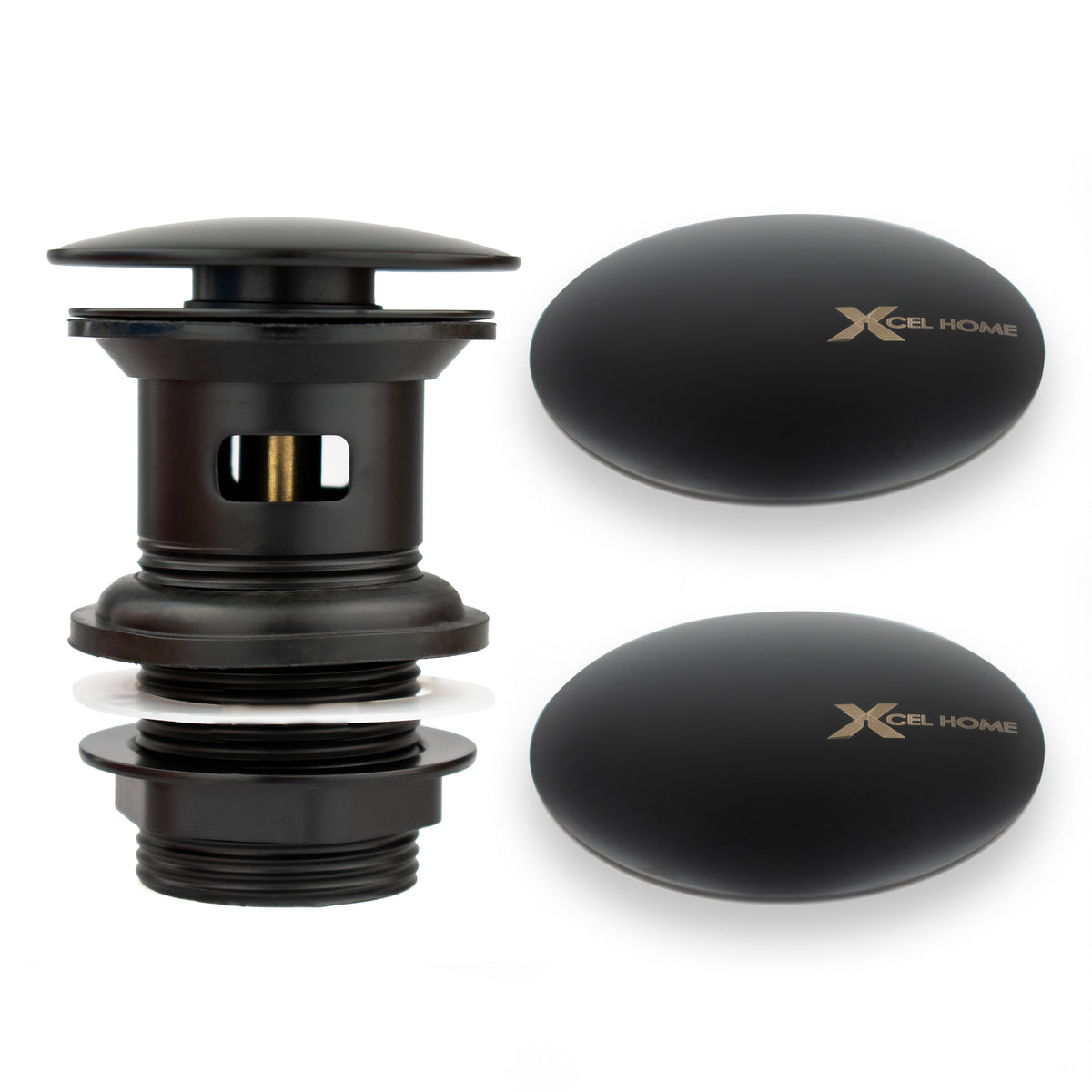 Round Mushroom Click Clack Basin Waste – Slotted with Spare Lids, Matte Black