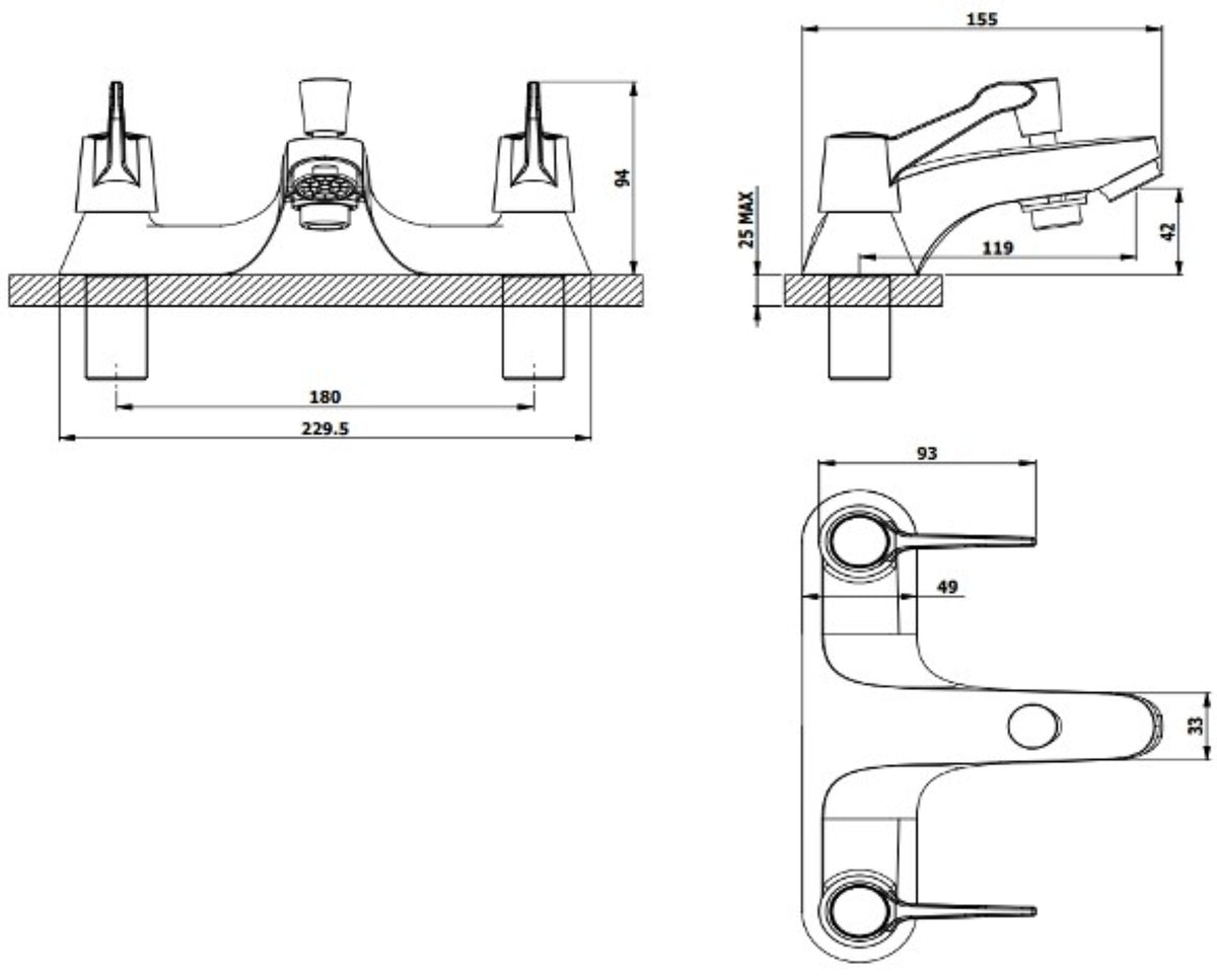 Araya QT Chrome Bath & Shower Mixer – Twin Lever, 180mm Centres