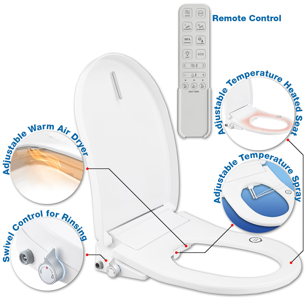 Smart Bidet Toilet Seat with Heated Seat & Remote Control – D Shape