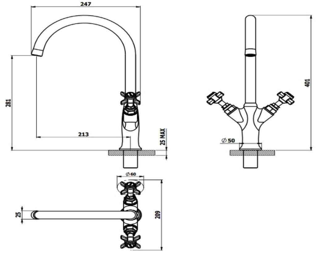 Sequel Kitchen Mixer Tap – Brushed Nickel, Cross Handles