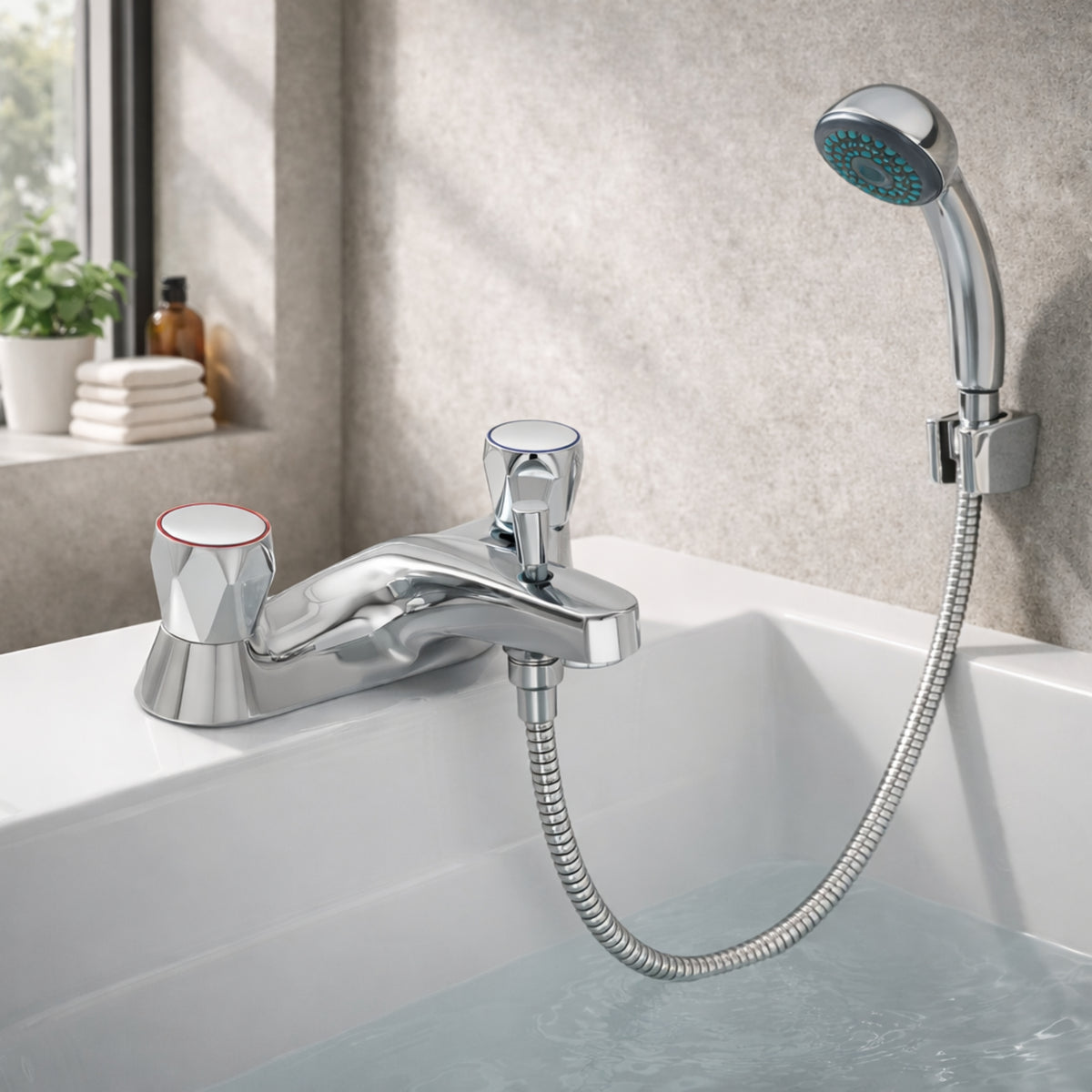 Araya Modern Chrome Bath & Shower Mixer – Dual Lever with Handset