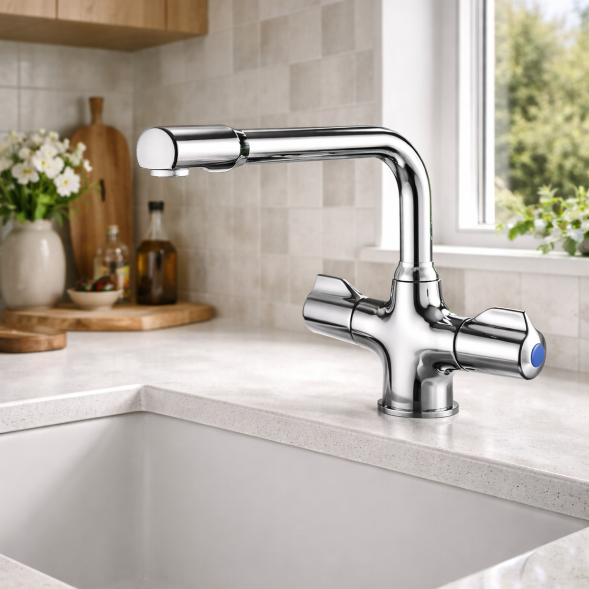 Clever Arbon Kitchen Mixer Tap – Chrome, Dual Handle Swivel Spout